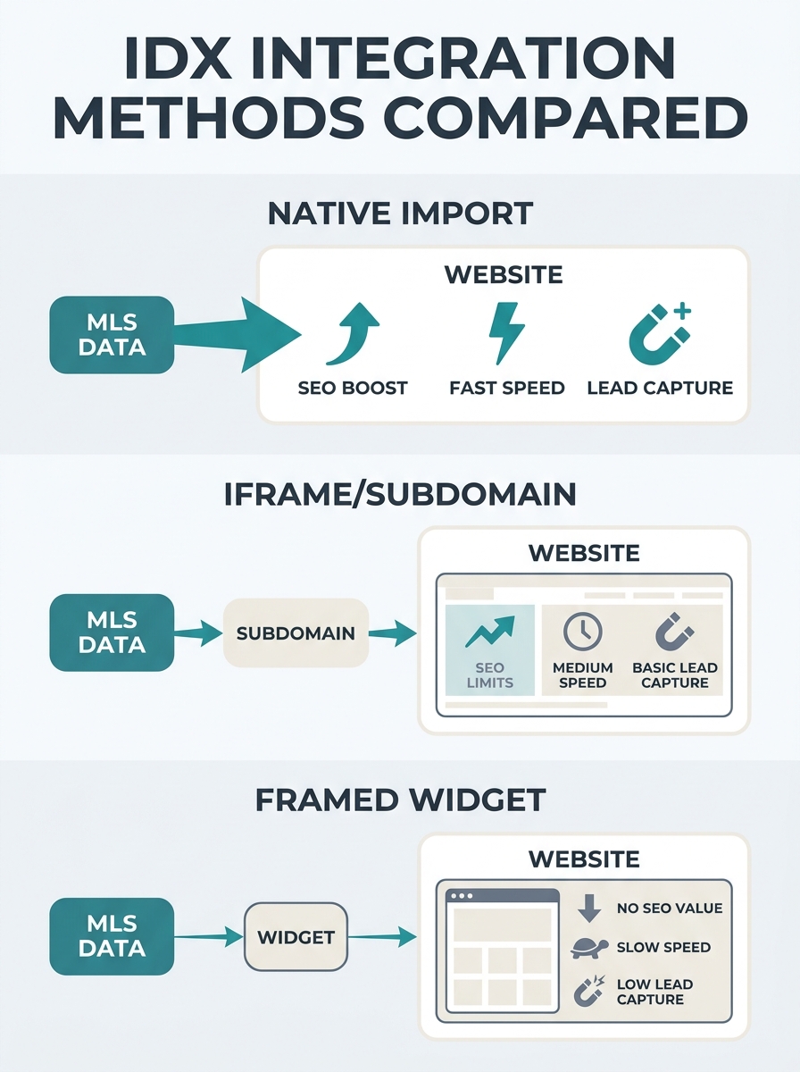 Infographic comparing three IDX integration methods - native import, iframe/subdomain, and framed widget - showing data flow from MLS to website with visual indicators of SEO impact, page speed, and l