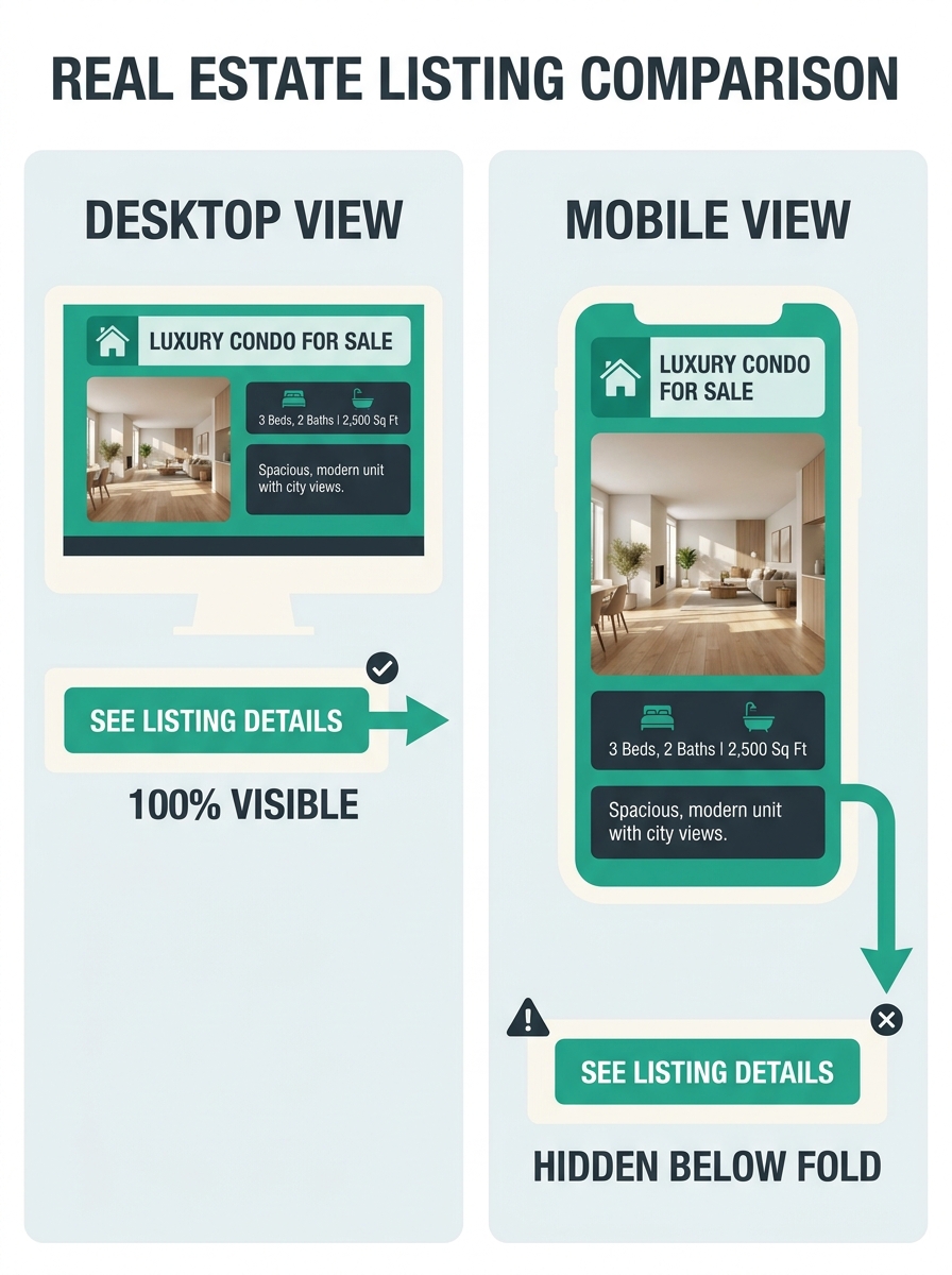 a side-by-side comparison of a desktop real estate listing layout next to the same layout compressed into a mobile phone screen, showing how the CTA button gets pushed far below the visible area on mo