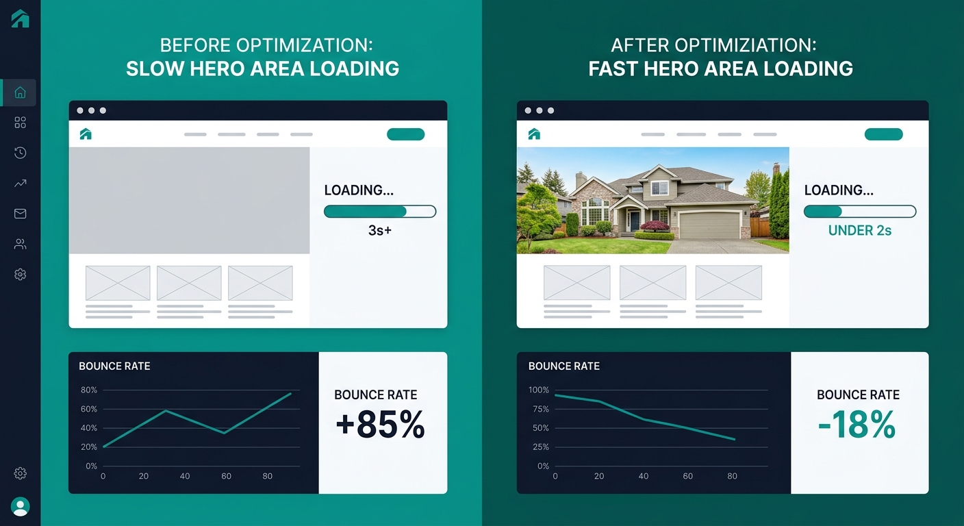 Screenshot-style illustration of a real estate website loading sequence showing a blank hero area for 3 seconds versus an optimized version loading a property photo in under 2 seconds, with a bounce r