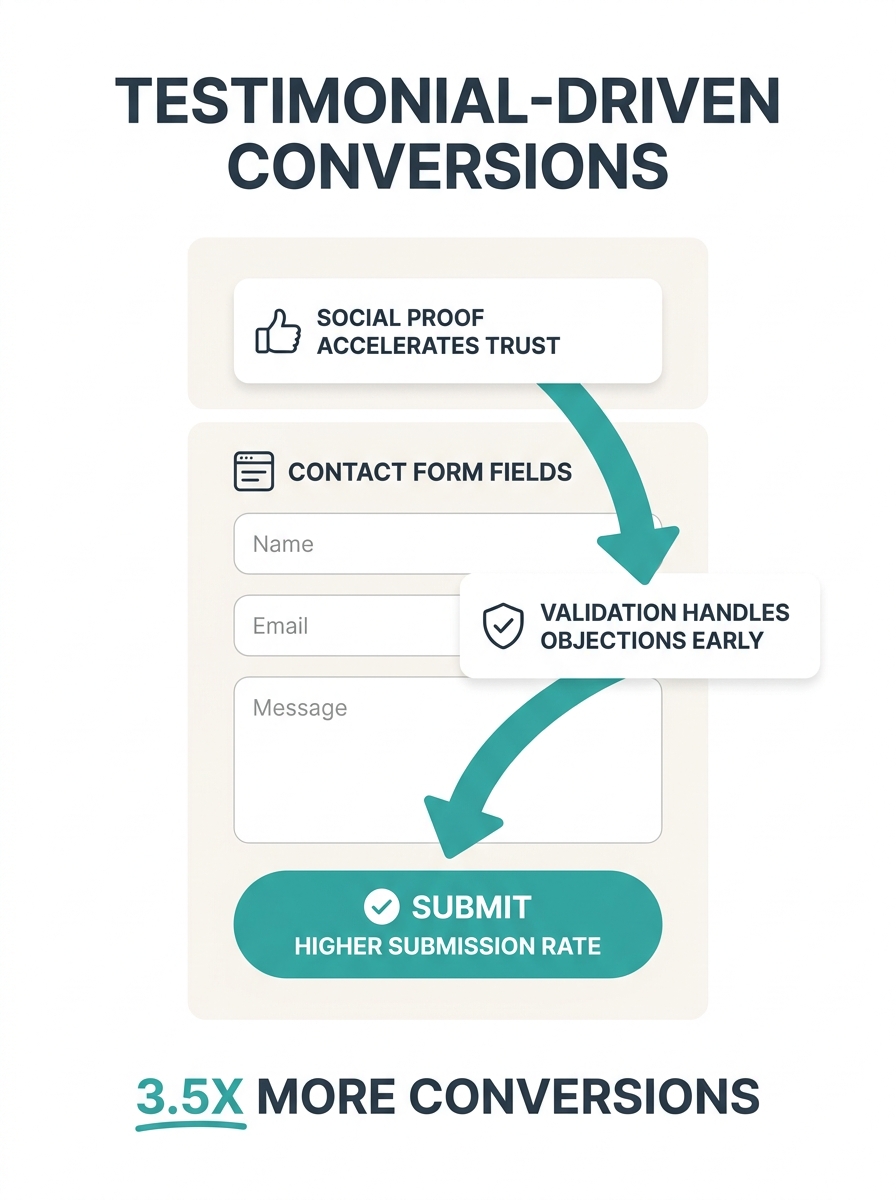 diagram showing a real estate website contact form with testimonial cards placed directly above and beside the form fields, with arrows indicating the visitor's eye path from testimonial to submit but