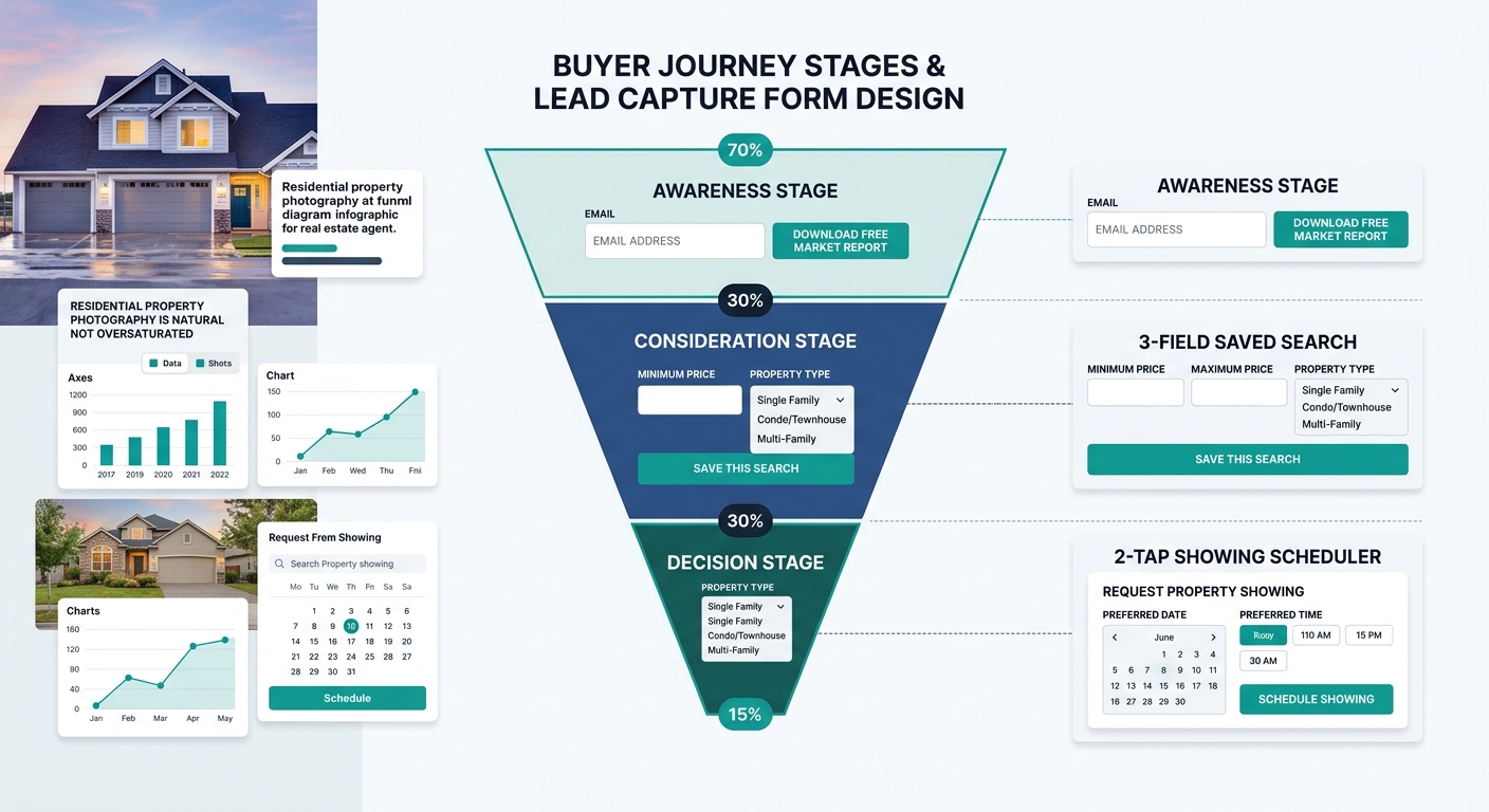 A three-tier funnel diagram showing lead capture form design at each buyer stage - top awareness tier with a single email field next to a market report download button, middle consideration tier with