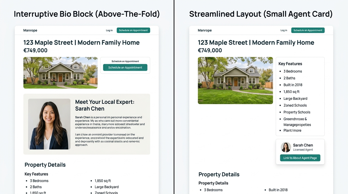 Side-by-side comparison of two listing page layouts, one showing an agent bio block interrupting property details above the fold and the other showing a small agent card placed neatly within the Tier 