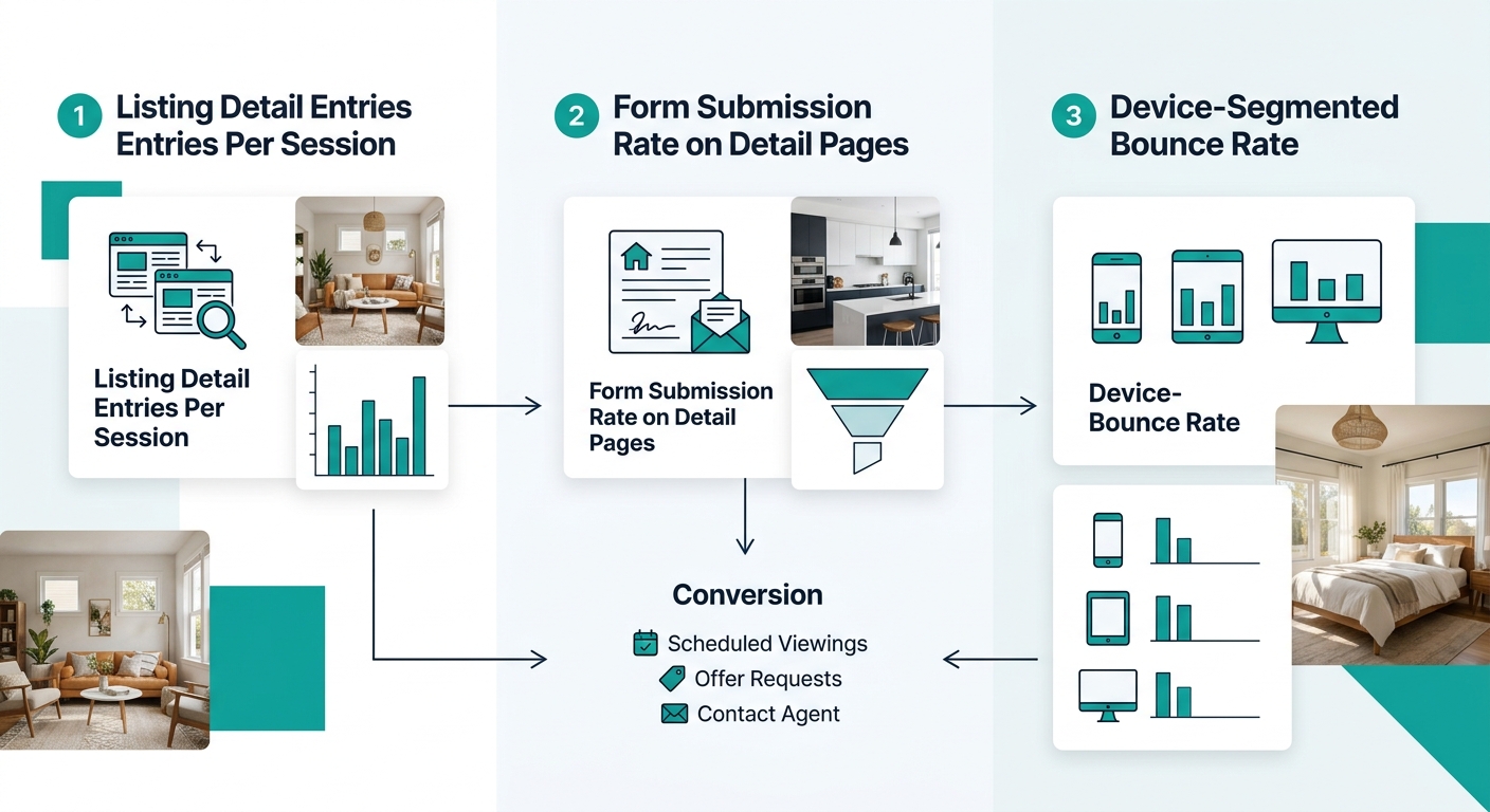 Infographic showing three measurement metrics for property showcase layouts - listing detail entries per session, form submission rate on detail pages, and device-segmented bounce rate - with icons re