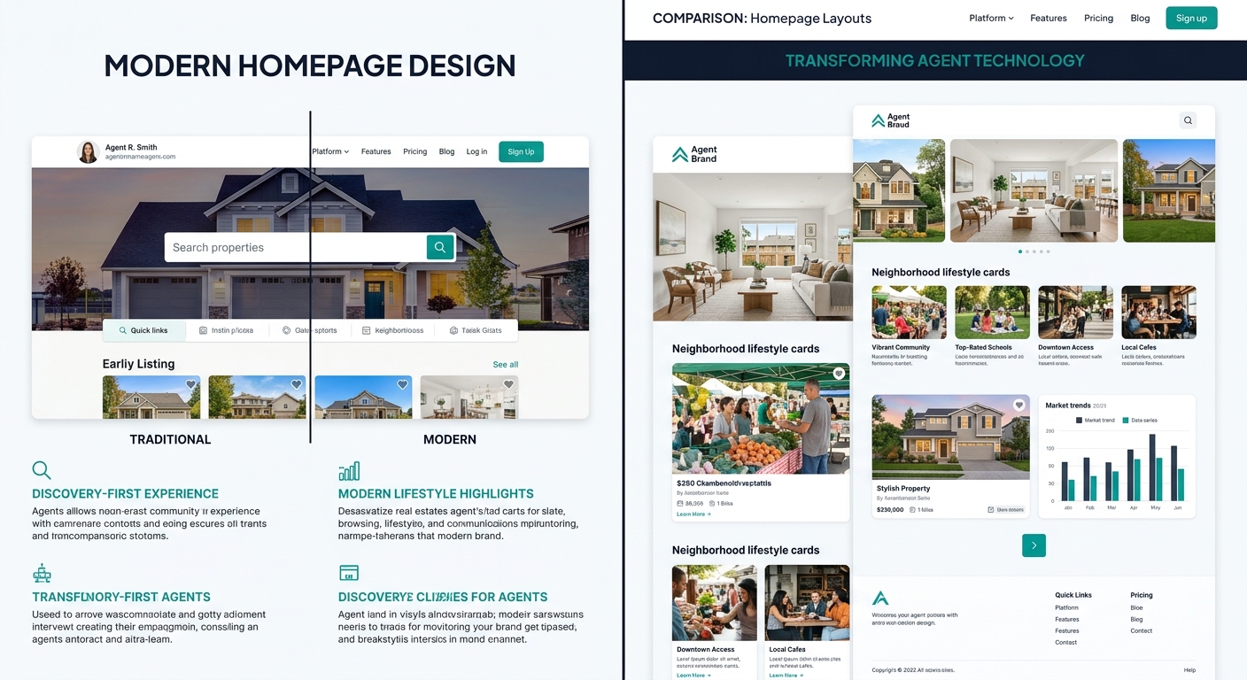 Side-by-side comparison of a traditional search-bar-centered real estate homepage versus a modern visual-browsing homepage with neighborhood lifestyle cards, large listing photos, and a subtle persist