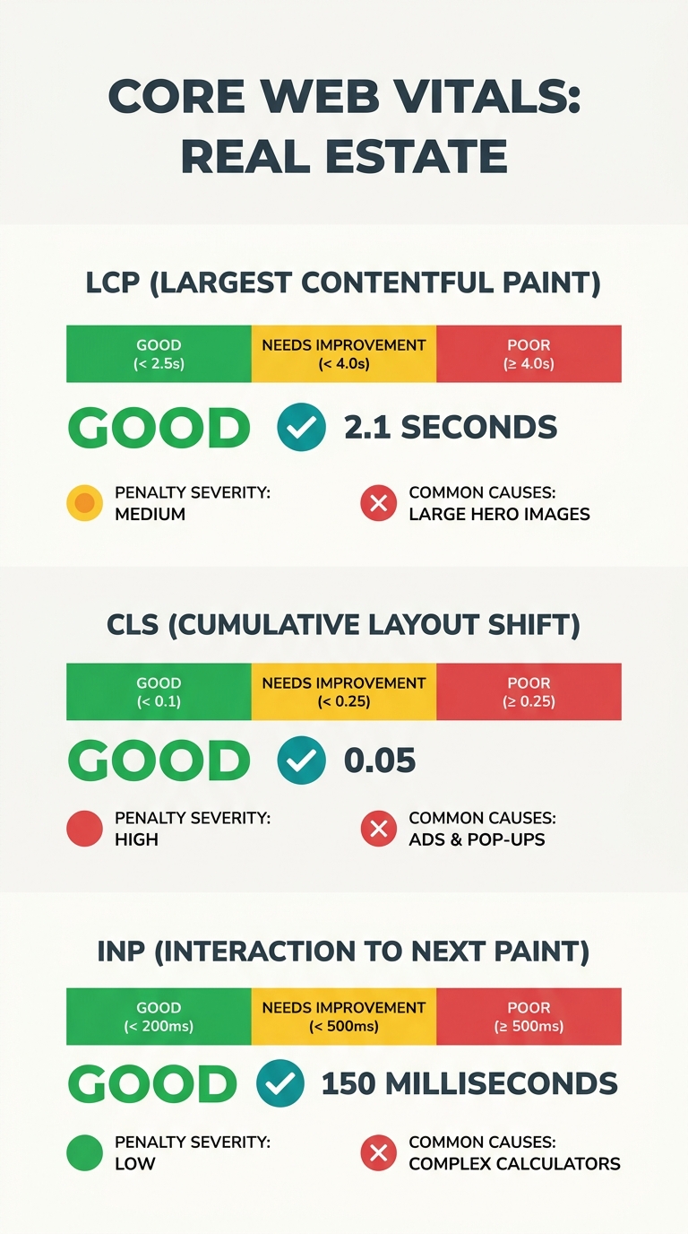 Infographic comparing three Core Web Vitals metrics (LCP, CLS, INP) as three columns showing their thresholds, ranking penalty severity, and most common causes on real estate websites, with red-yellow