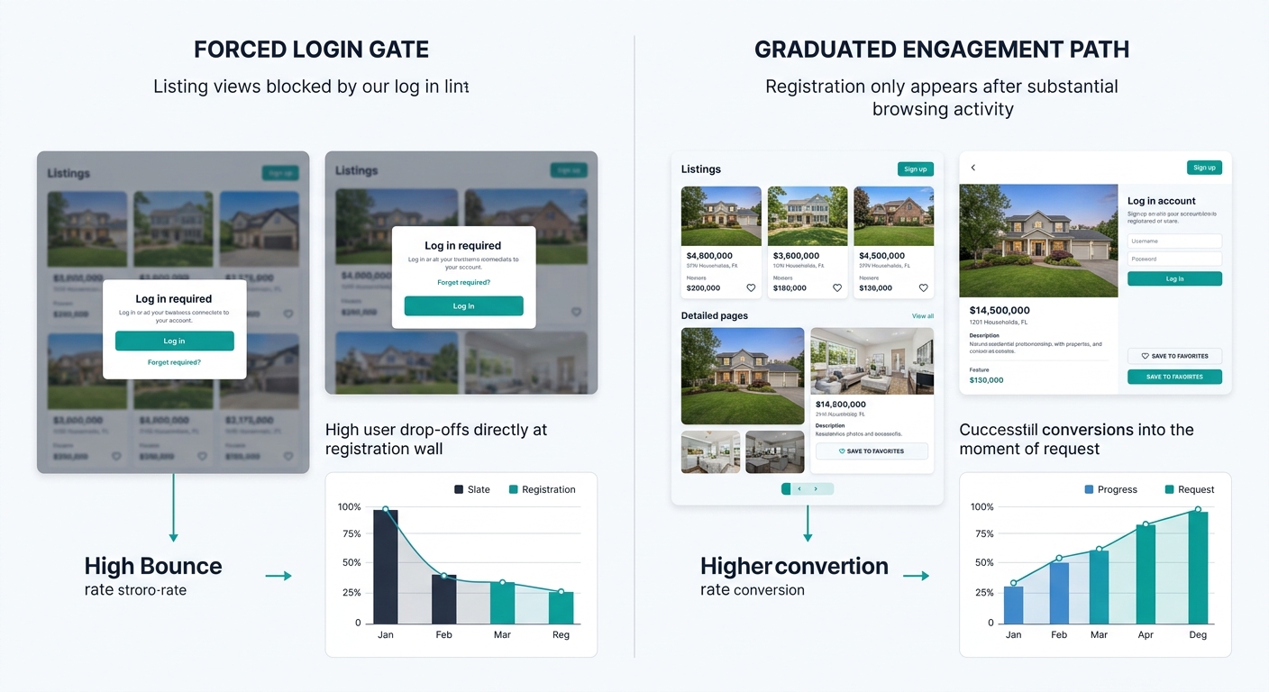 A side-by-side comparison of two website registration flows - one showing a forced login gate blocking property listings with a high bounce rate indicator, and the other showing a graduated engagement