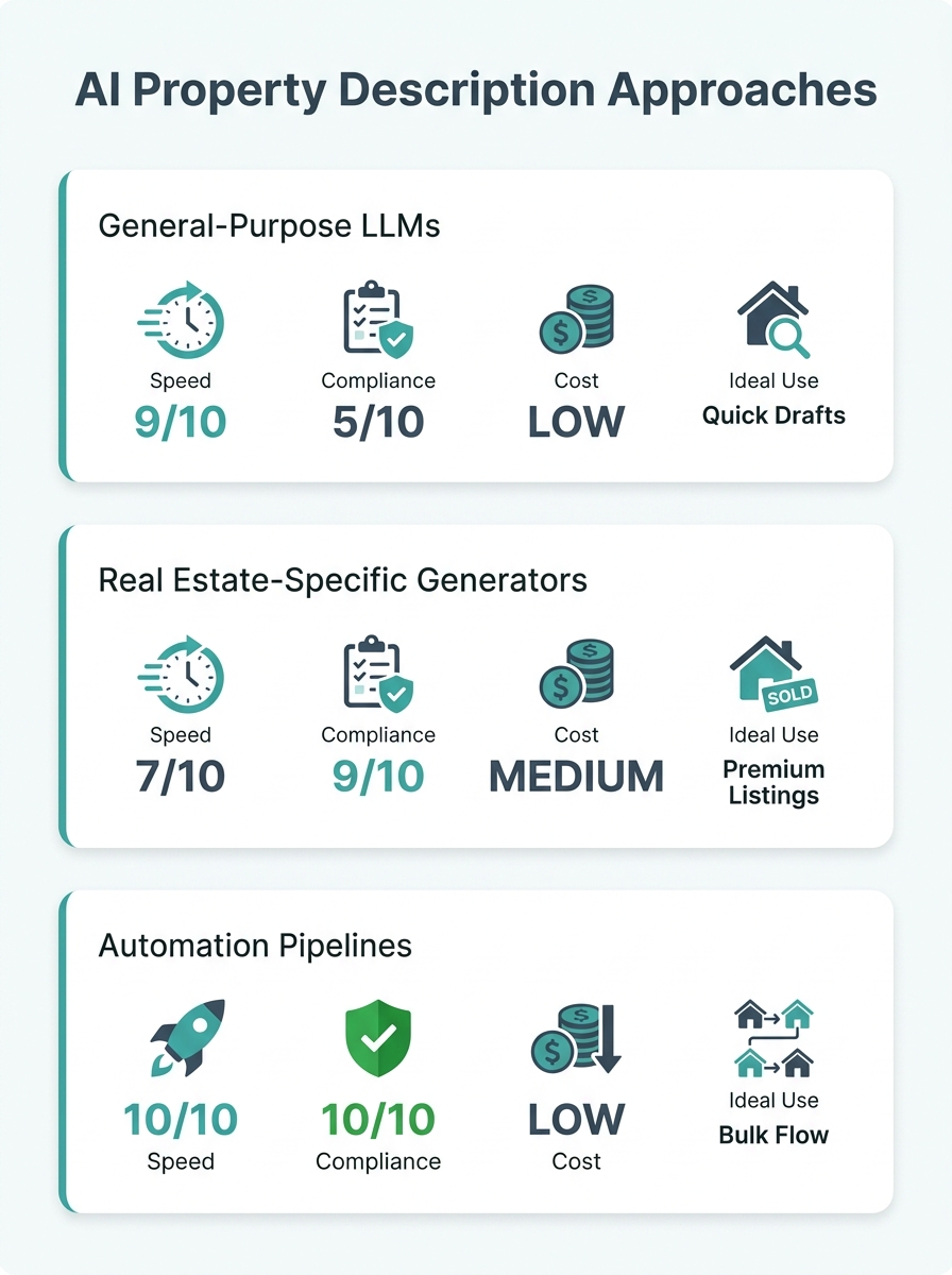 Infographic comparing three AI property description approaches side by side — general-purpose LLMs, real estate-specific generators, and automation pipelines — with icons representing speed, complianc
