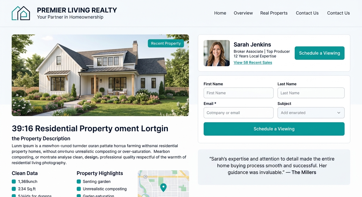 A single listing page mockup showing optimal trust signal placement - agent photo and credentials next to the CTA button, a short testimonial quote beneath the form, and brokerage branding in the head