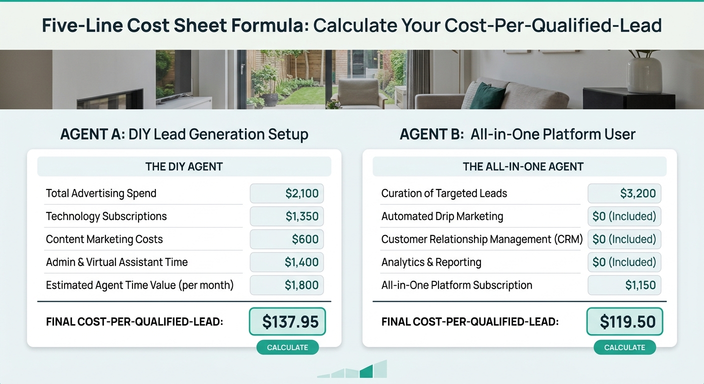 A calculator-style worksheet showing the Five-Line Cost Sheet formula with example numbers filled in for two hypothetical agents — one using a DIY setup and one using an all-in-one platform, with the