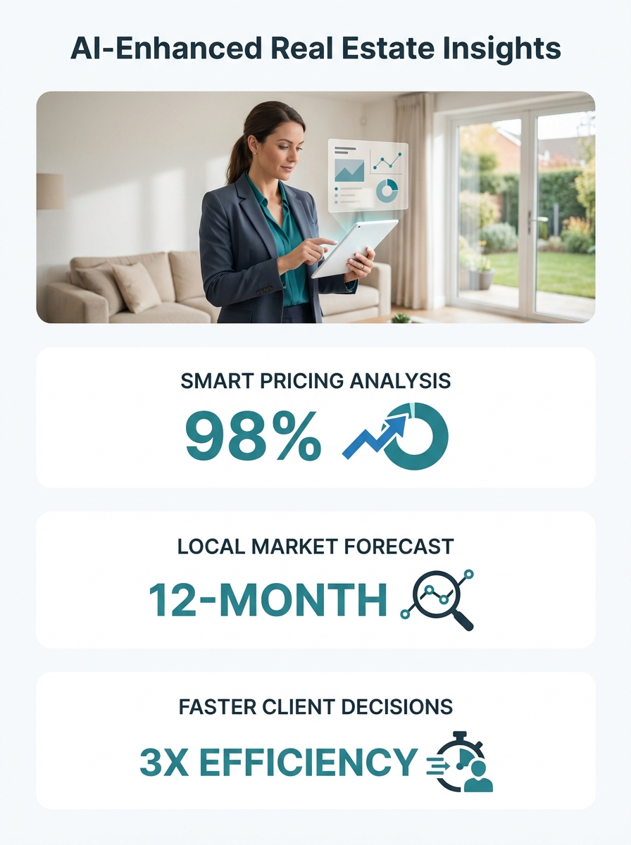 Real estate agent reviewing property data on tablet with AI tools while standing in home interior