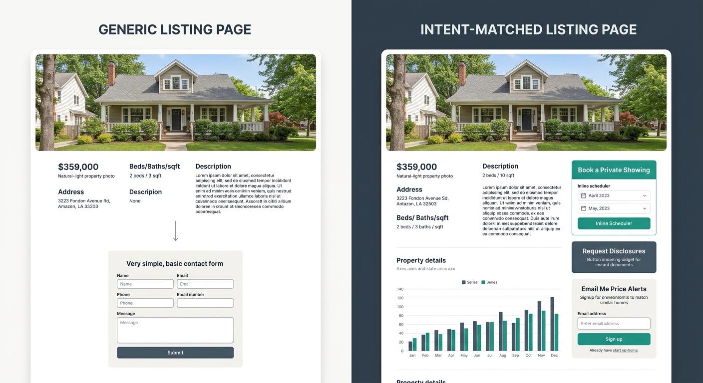 Side-by-side comparison of two real estate listing pages - left side showing a generic page with only a basic contact form at the bottom, right side showing an intent-matched page with contextual CTAs