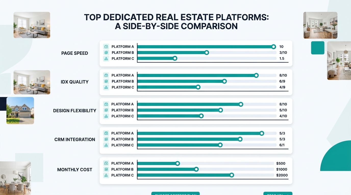 Comparison chart showing three dedicated real estate platforms with ratings across five categories including page speed, IDX quality, design flexibility, CRM integration, and monthly cost, displayed a