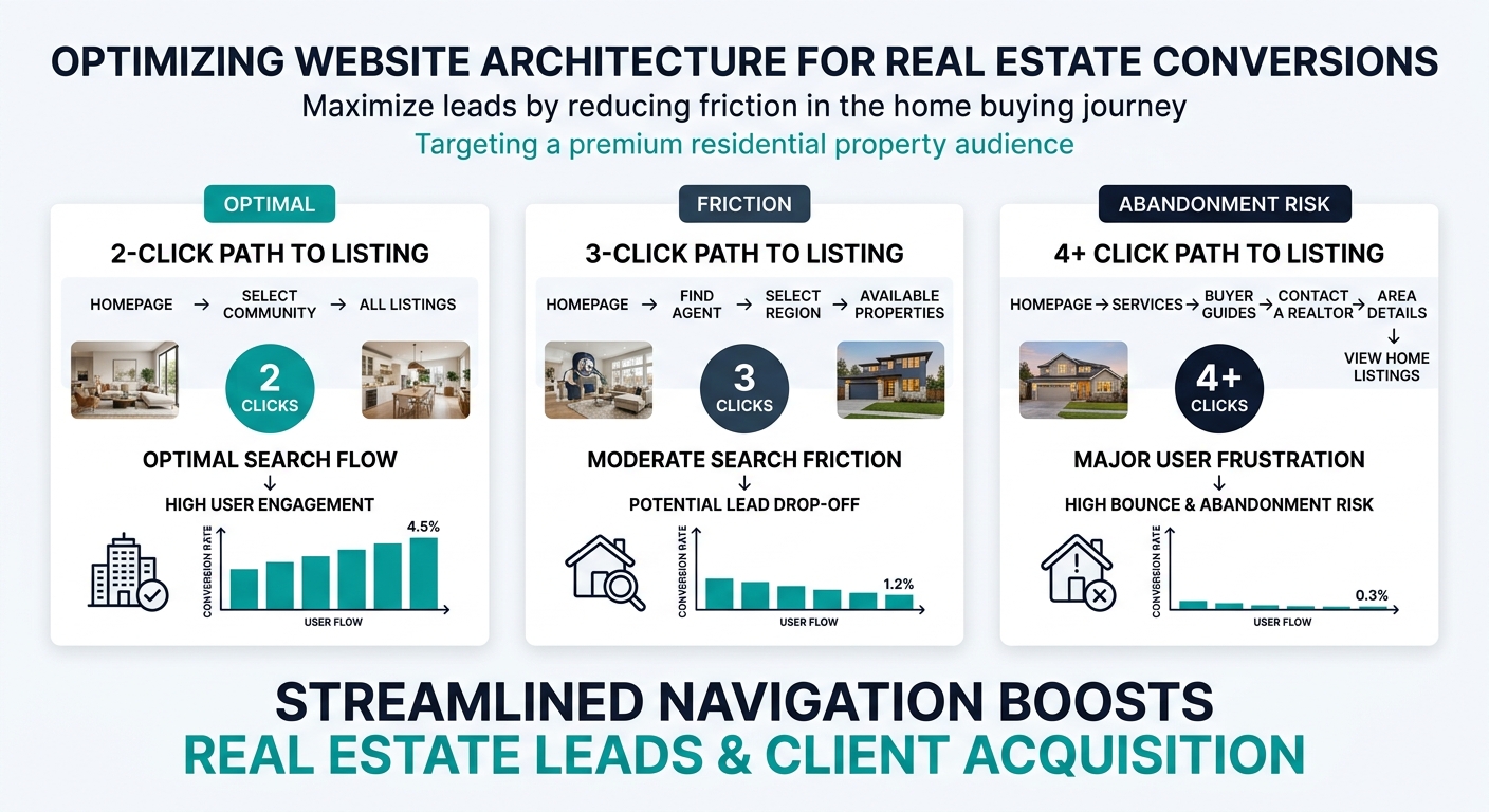 An infographic showing three website architecture diagrams — one with a 2-click path from homepage to listing (marked as optimal), one with a 3-click path (marked as friction), and one with a 4-click