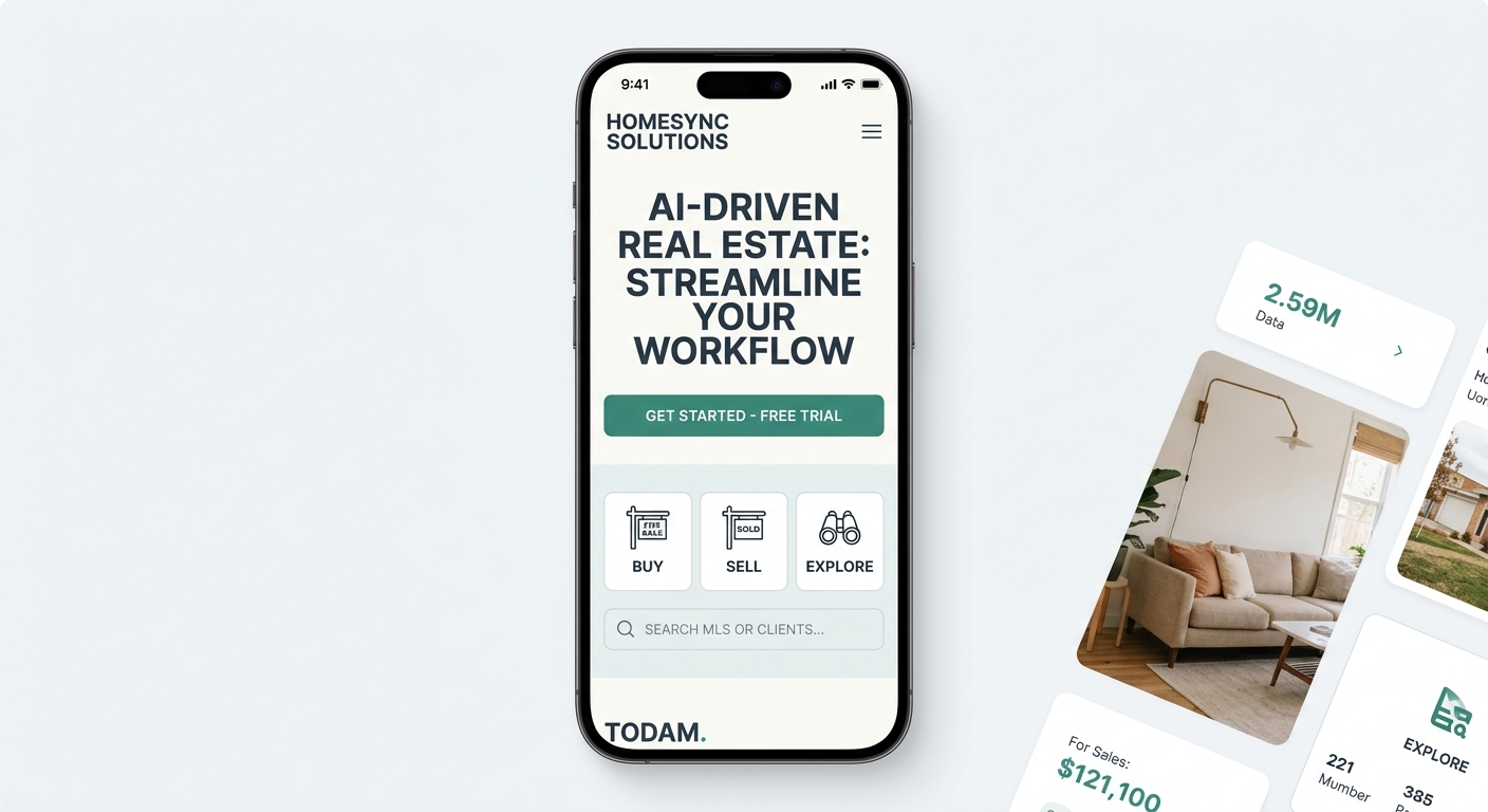 A smartphone screen mockup showing the Intent-Layer Stack applied to a mobile real estate homepage with a bold value headline at top, a tappable primary CTA button below it, three square pathway cards