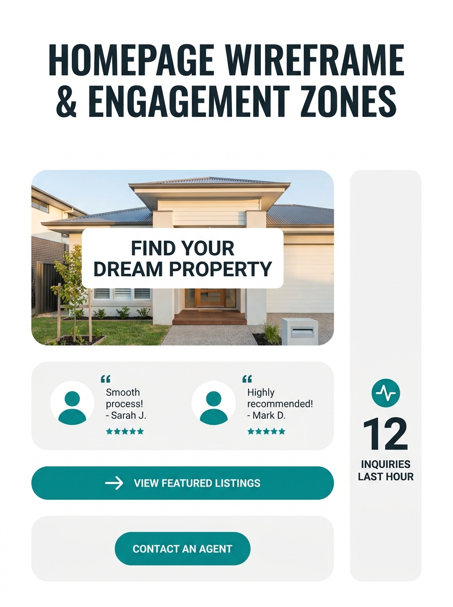 A real estate website homepage wireframe showing testimonial placement zones, with two short client quotes positioned between the hero section and the first CTA button, and a small real-time activity