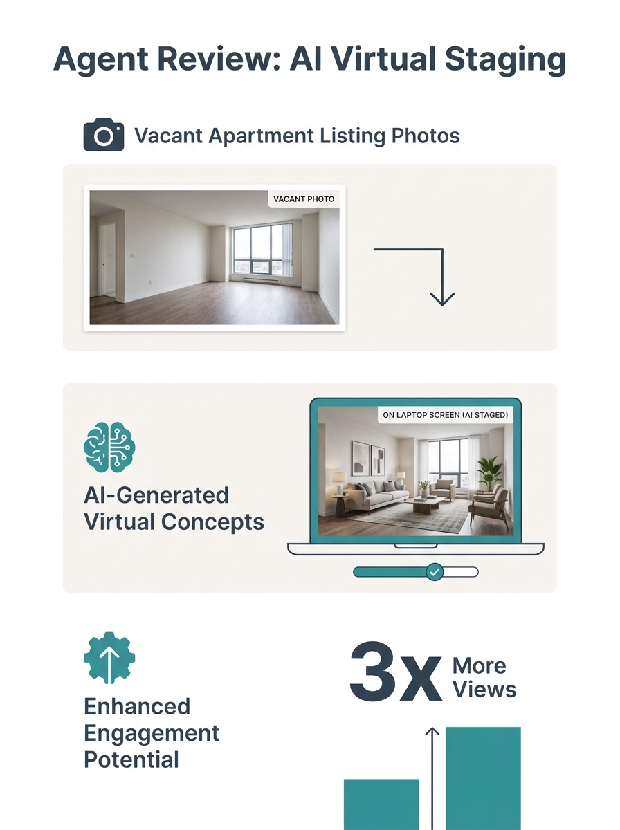 Real estate agent reviewing AI-generated virtual staging concepts on laptop while comparing to vacant apartment listing photos
