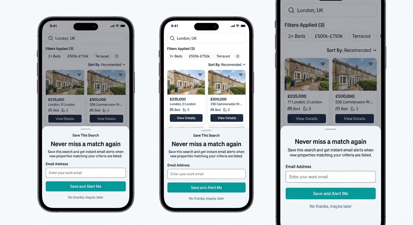 Mobile phone screen mockup showing a property search results page with a slide-up save search prompt appearing after filter application, featuring a single email input field and a Save and Alert Me bu