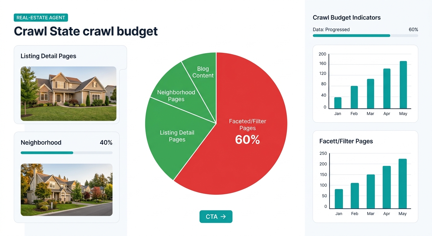 A diagram showing a website's crawl budget distribution as a pie chart, with a large red slice labeled faceted/filter pages consuming 60 percent and smaller green slices for neighborhood pages, blog c