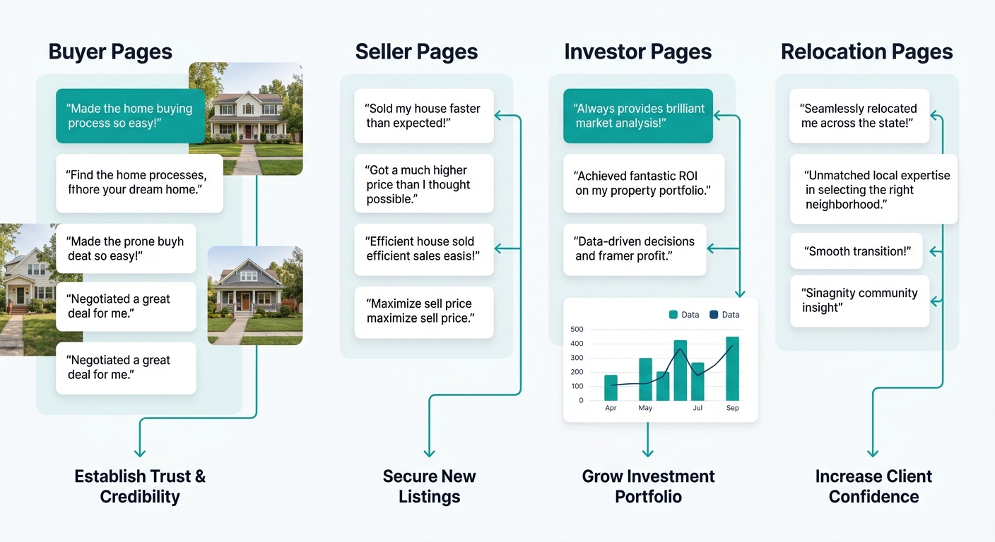 infographic showing four columns labeled Buyer Pages, Seller Pages, Investor Pages, and Relocation Pages, each containing example testimonial snippets matched to the page type with arrows connecting e