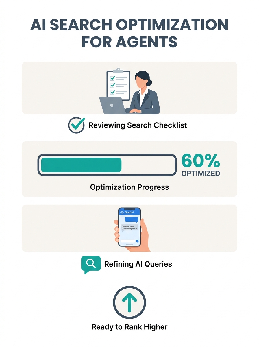 Real estate agent reviewing AI search optimization checklist on laptop with mobile phone showing ChatGPT interface