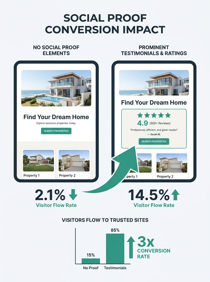 A split-screen comparison showing two real estate website homepages side by side, one with prominent client testimonials and star ratings displayed near the hero section and the other with no social p