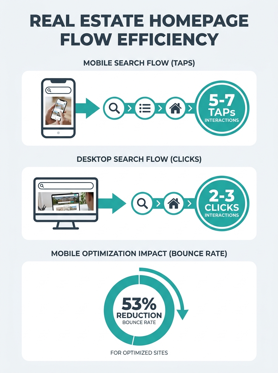 Infographic comparing mobile vs desktop real estate homepage user flows, showing tap-count differences between search-bar interaction on mobile (5-7 taps) versus desktop (2-3 clicks), with bounce rate