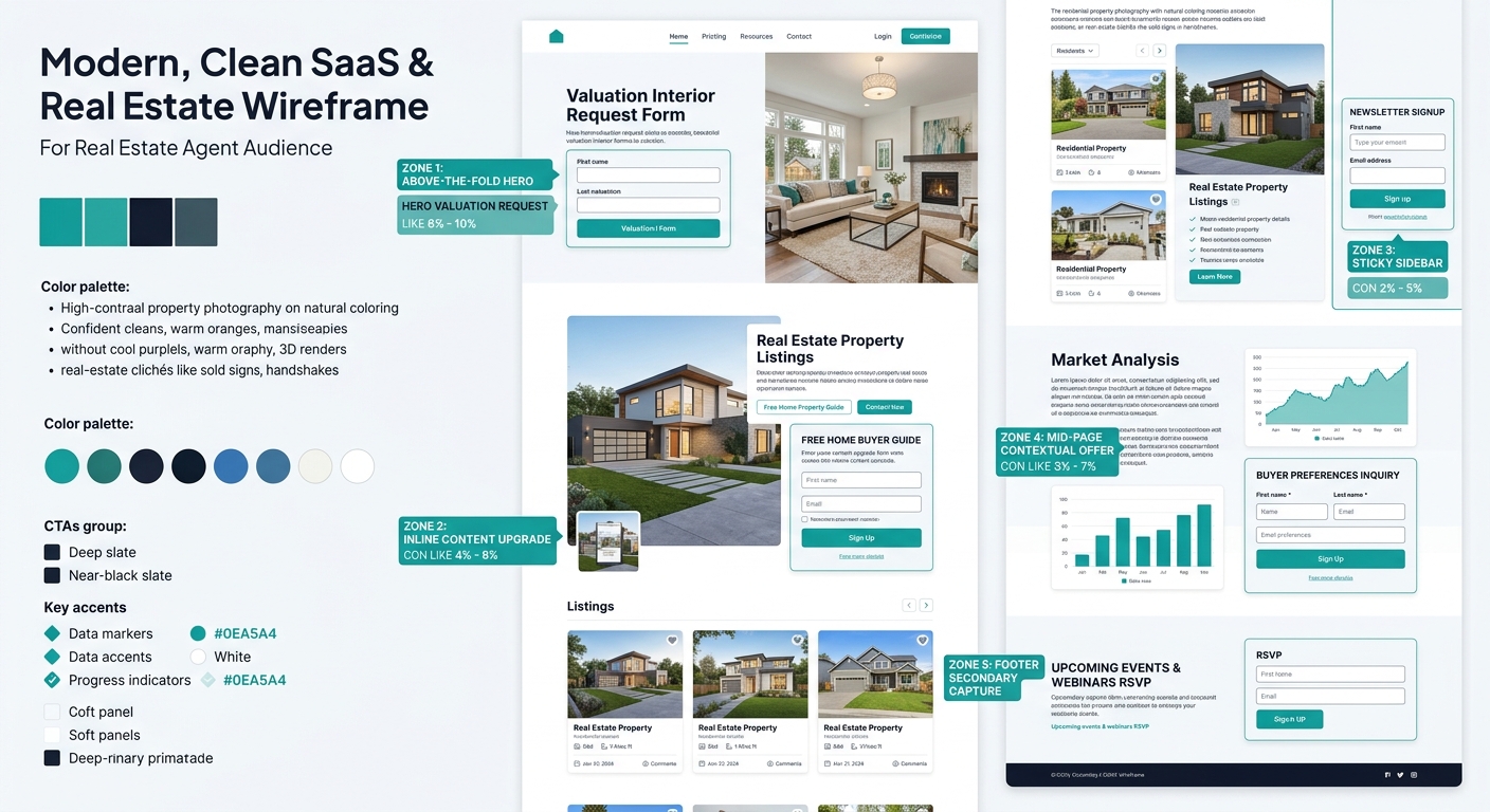 An infographic showing a real estate website wireframe with five labeled zones indicating optimal form placement positions including above-the-fold hero section, inline content upgrade, sticky sidebar