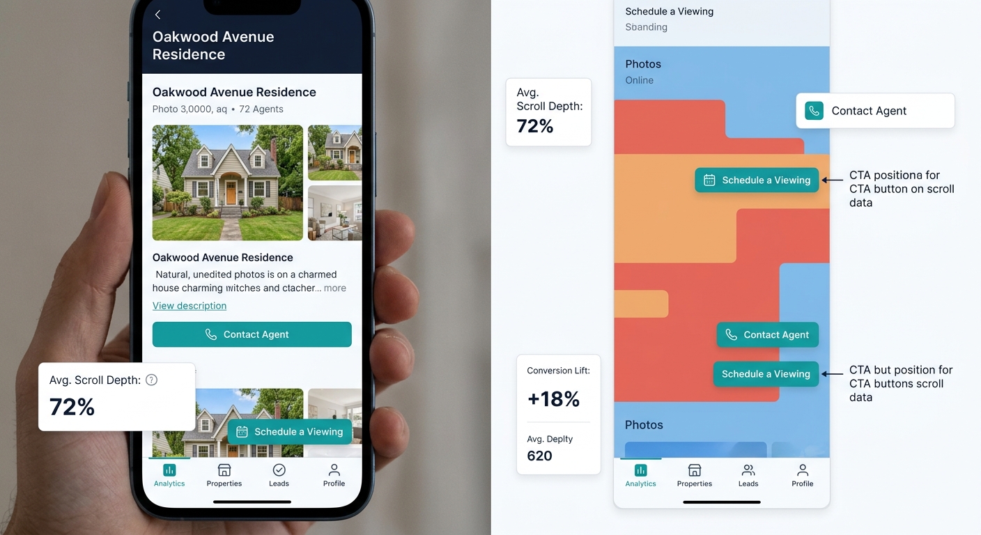 a mobile phone screen showing a real estate listing page with a heat map overlay in red orange and blue zones, with annotations marking optimal CTA positions based on scroll depth data