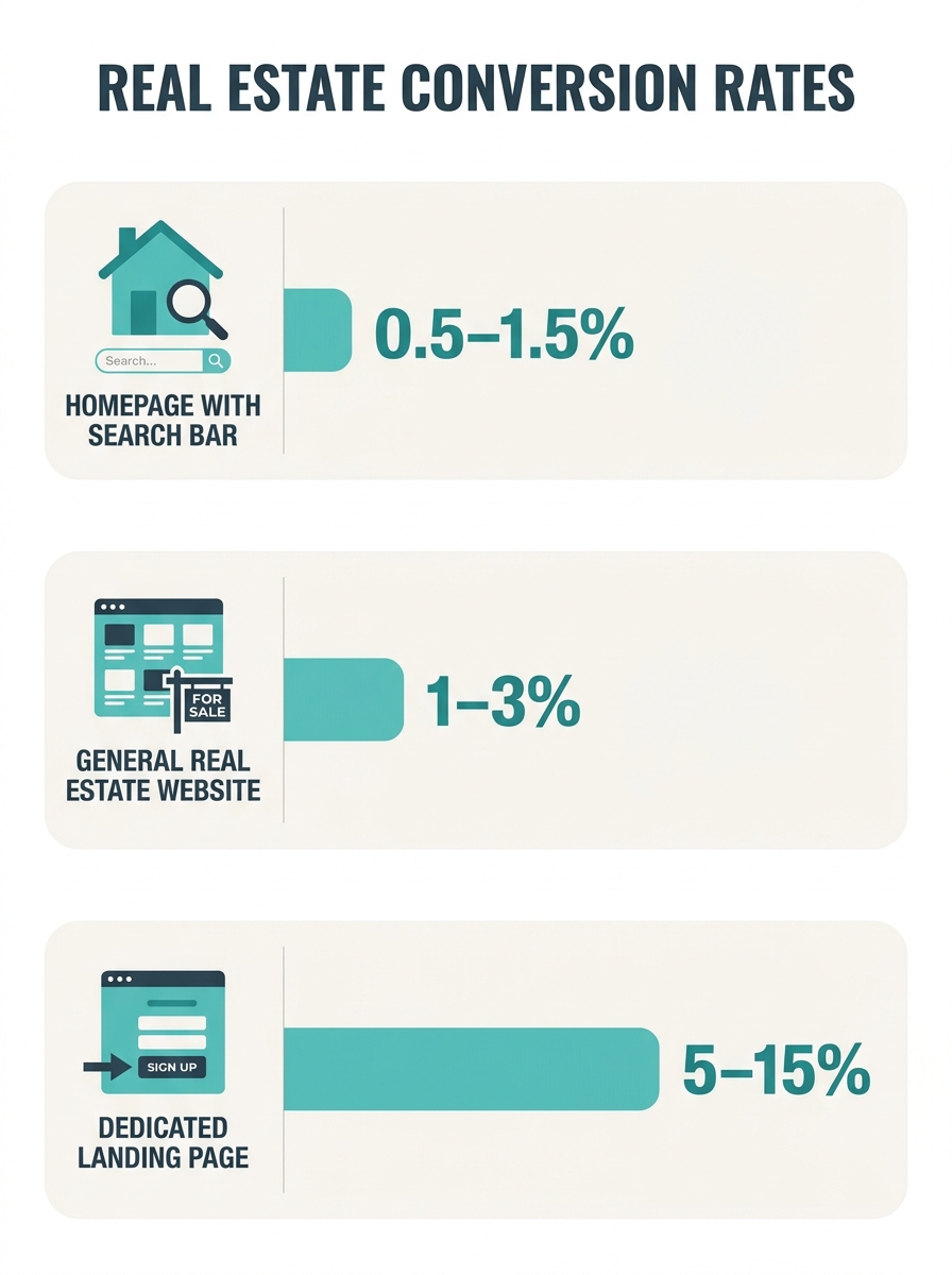 Infographic comparing conversion rates across three real estate page types - homepage with search bar at 0.5 to 1.5 percent, general real estate website at 1 to 3 percent, and dedicated landing page a