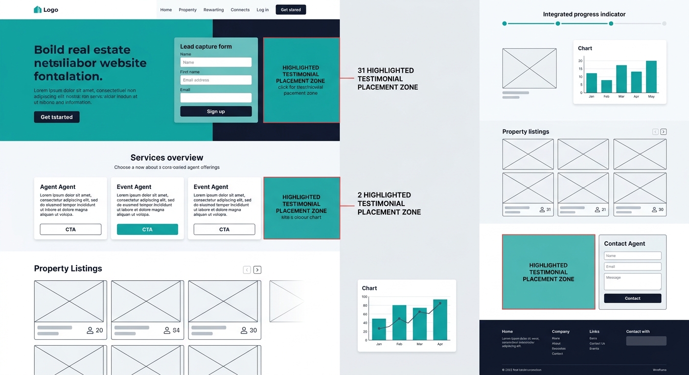 A wireframe mockup of a real estate website homepage showing optimal testimonial placement zones highlighted in three colors, with one zone near the hero section, one adjacent to the main CTA button,