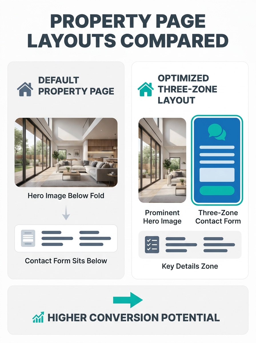 A side-by-side comparison of a default property page layout versus an optimized three-zone layout, showing where the contact form sits relative to the hero image and key details