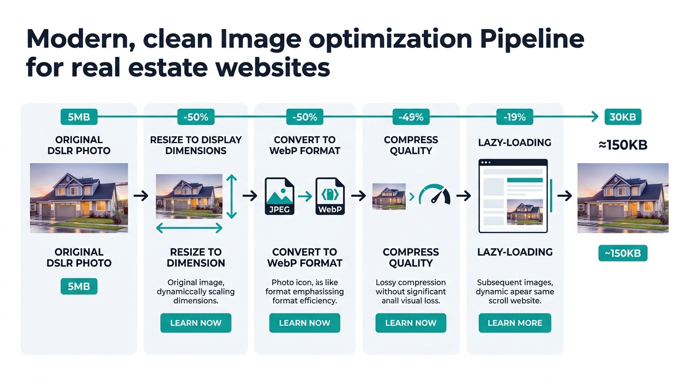 An infographic showing the image optimization pipeline for real estate websites - starting with original DSLR photo at 5MB, then arrows showing steps of resizing to display dimensions, converting to W