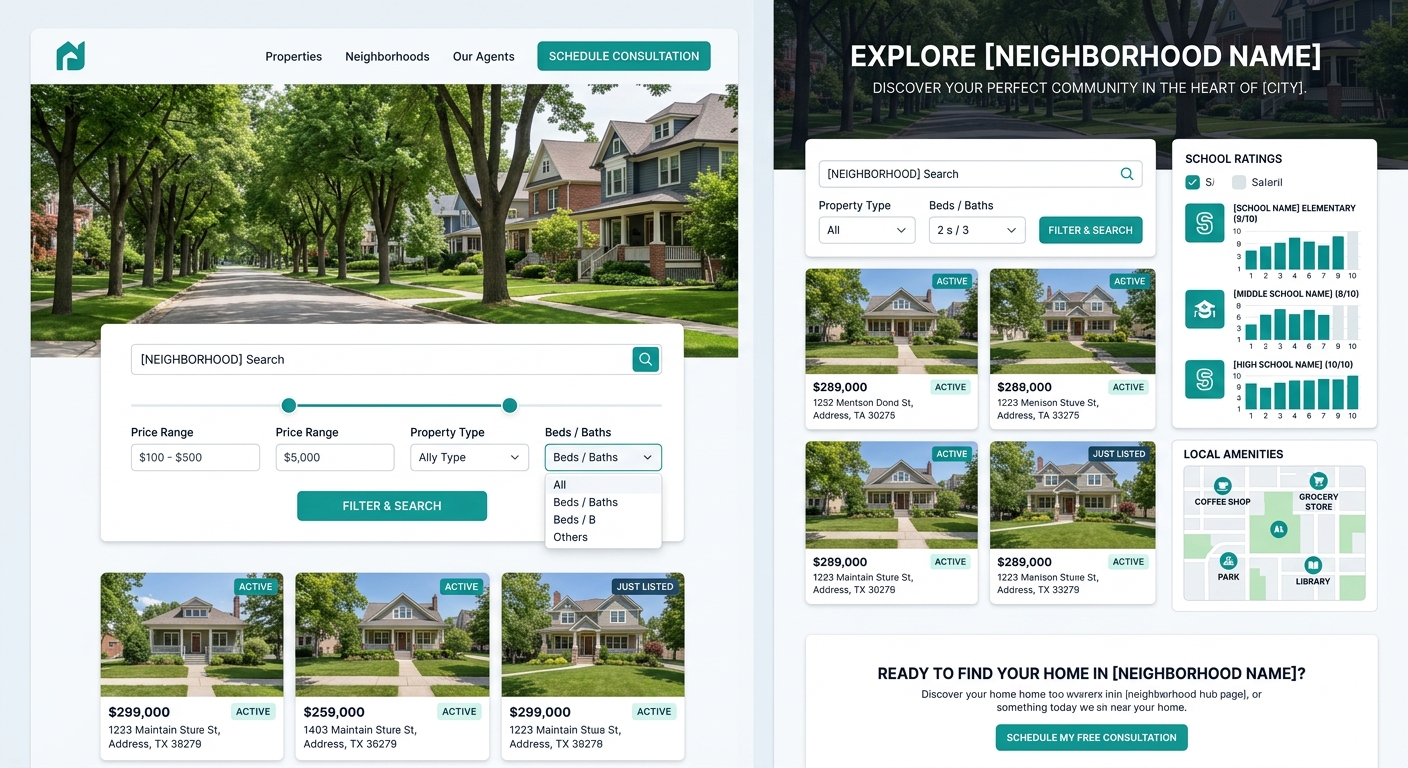 A wireframe layout of a real estate neighborhood hub page showing sections for area overview at top, embedded property search with filters, school ratings sidebar, local amenities map, and a prominent