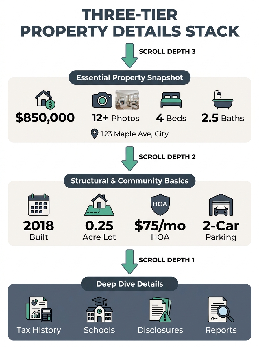 Infographic showing a three-tier property details stack with Tier 1 items (price, photos, beds, baths, sqft, address) at the top, Tier 2 items (year built, lot size, HOA, parking) in the middle, and T