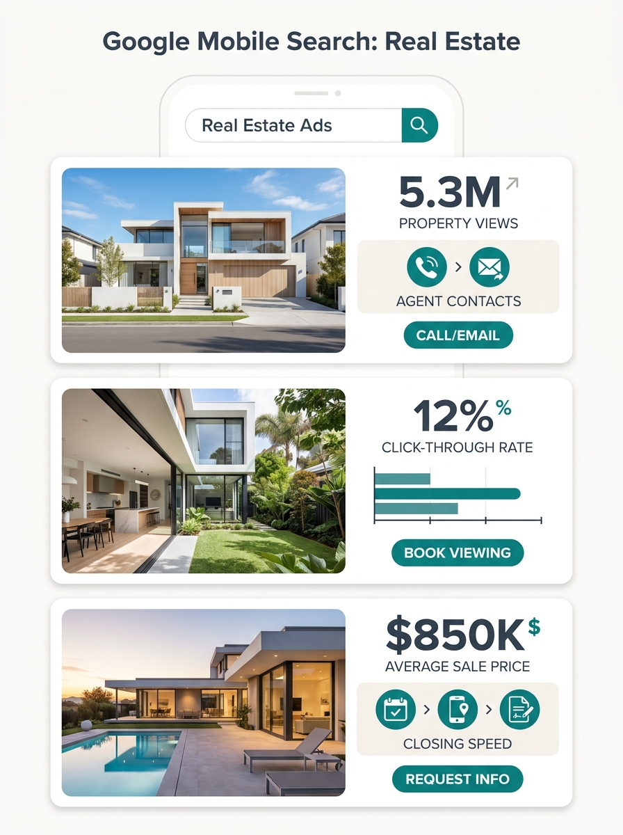 Google mobile search results showing real estate listing advertisements with property photos, pricing, and agent contact options