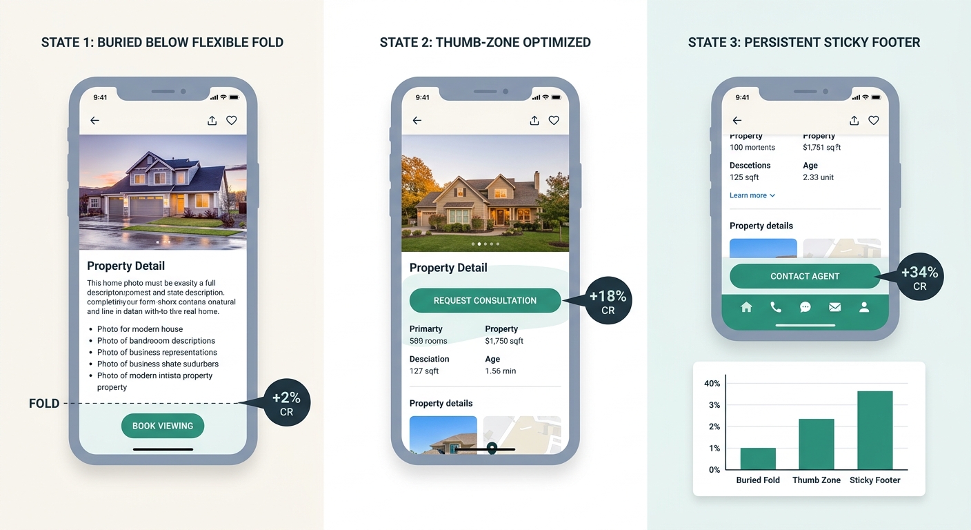 an infographic showing three mobile phone screens in sequence representing the evolution of CTA placement from buried below-fold static button to thumb-zone positioned button to sticky footer bar, wit