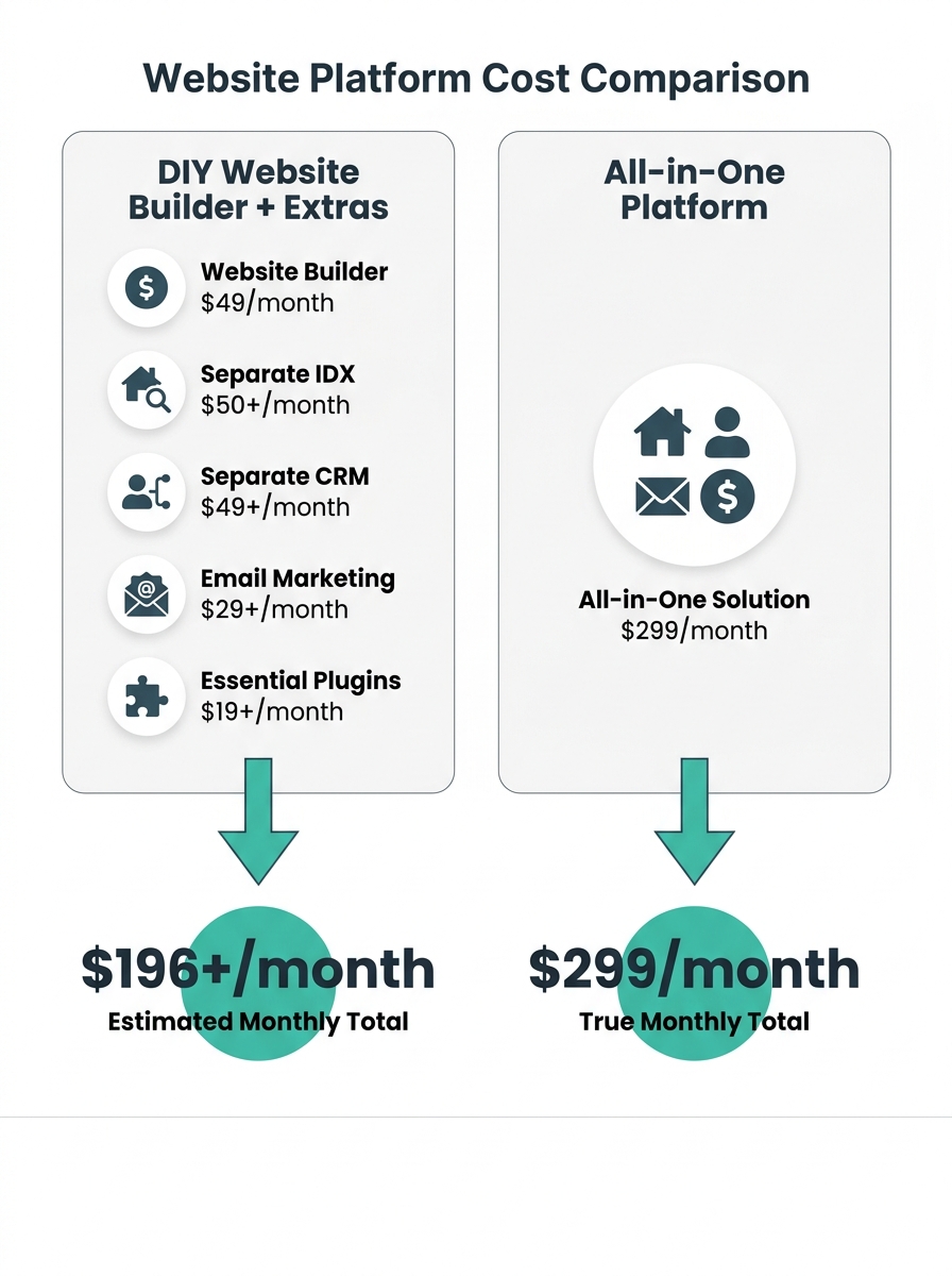 Infographic showing two side-by-side cost breakdowns — a $49/month DIY website builder with separate IDX, CRM, email, and plugin costs totaling $196+/month versus a $299/month all-in-one platform, wit