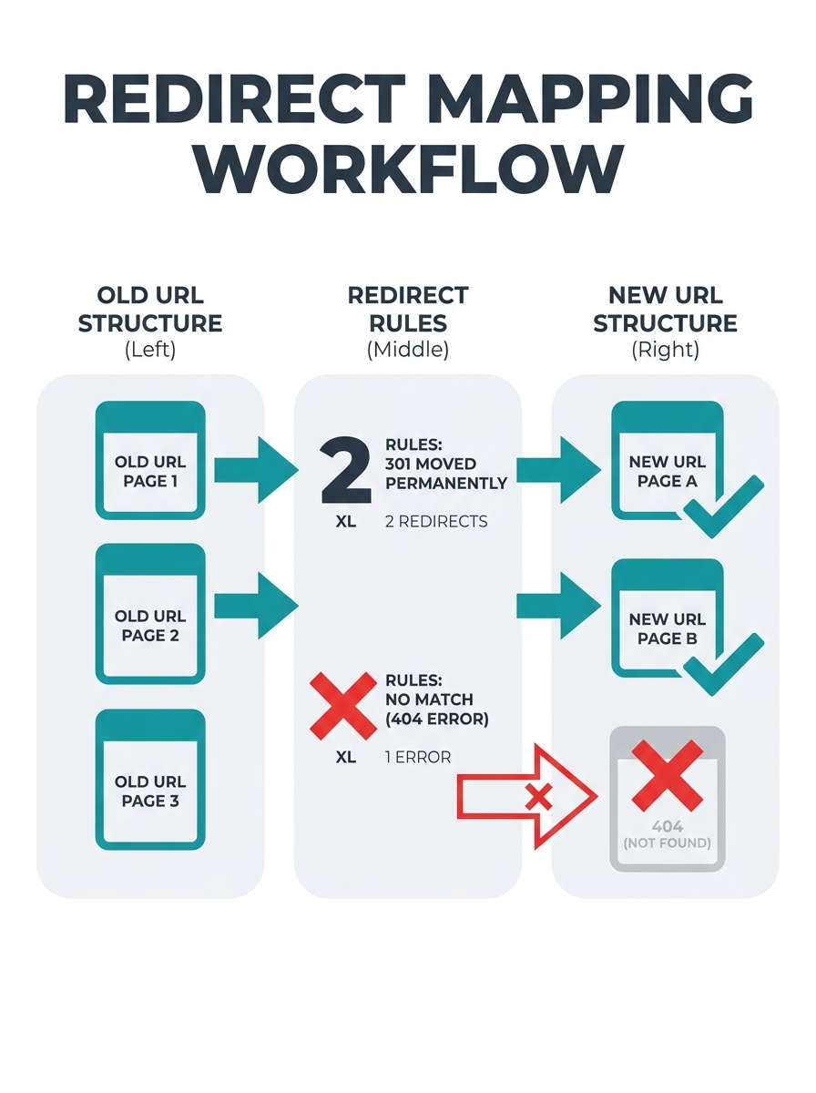 An infographic showing a redirect mapping workflow with three columns — old URL structure on the left, redirect rules in the middle, and new URL structure on the right, with arrows connecting matched