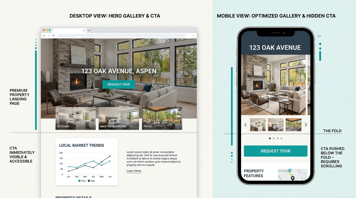 Side-by-side comparison of a full-bleed hero real estate gallery on desktop versus mobile, showing how the CTA button gets pushed below the fold on the mobile version