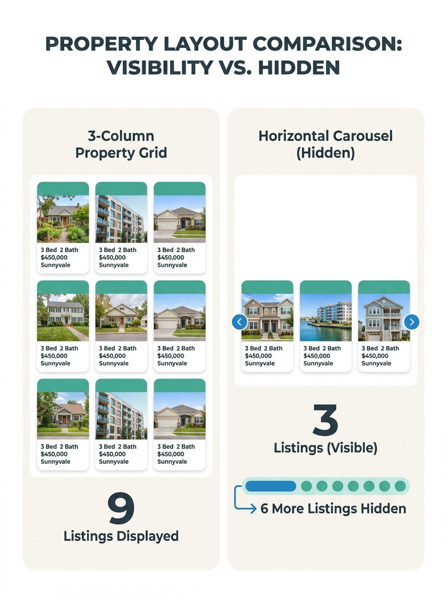 Side-by-side comparison of a 3-column property grid layout showing 9 listings versus a horizontal carousel showing 3 listings, with visual indicators highlighting the hidden inventory in the carousel