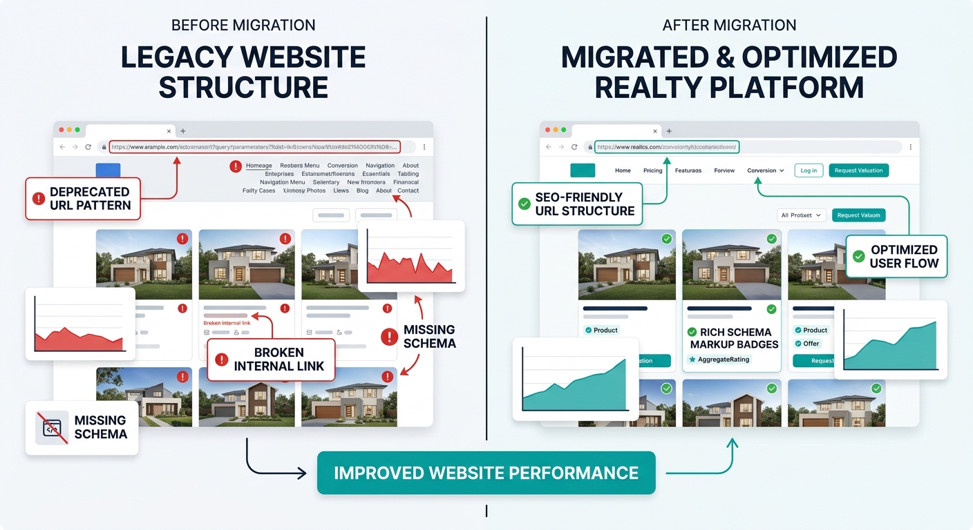 A split-screen comparison showing a real estate website before and after migration, with highlighted elements showing navigation structure changes, internal link differences, schema markup badges, and