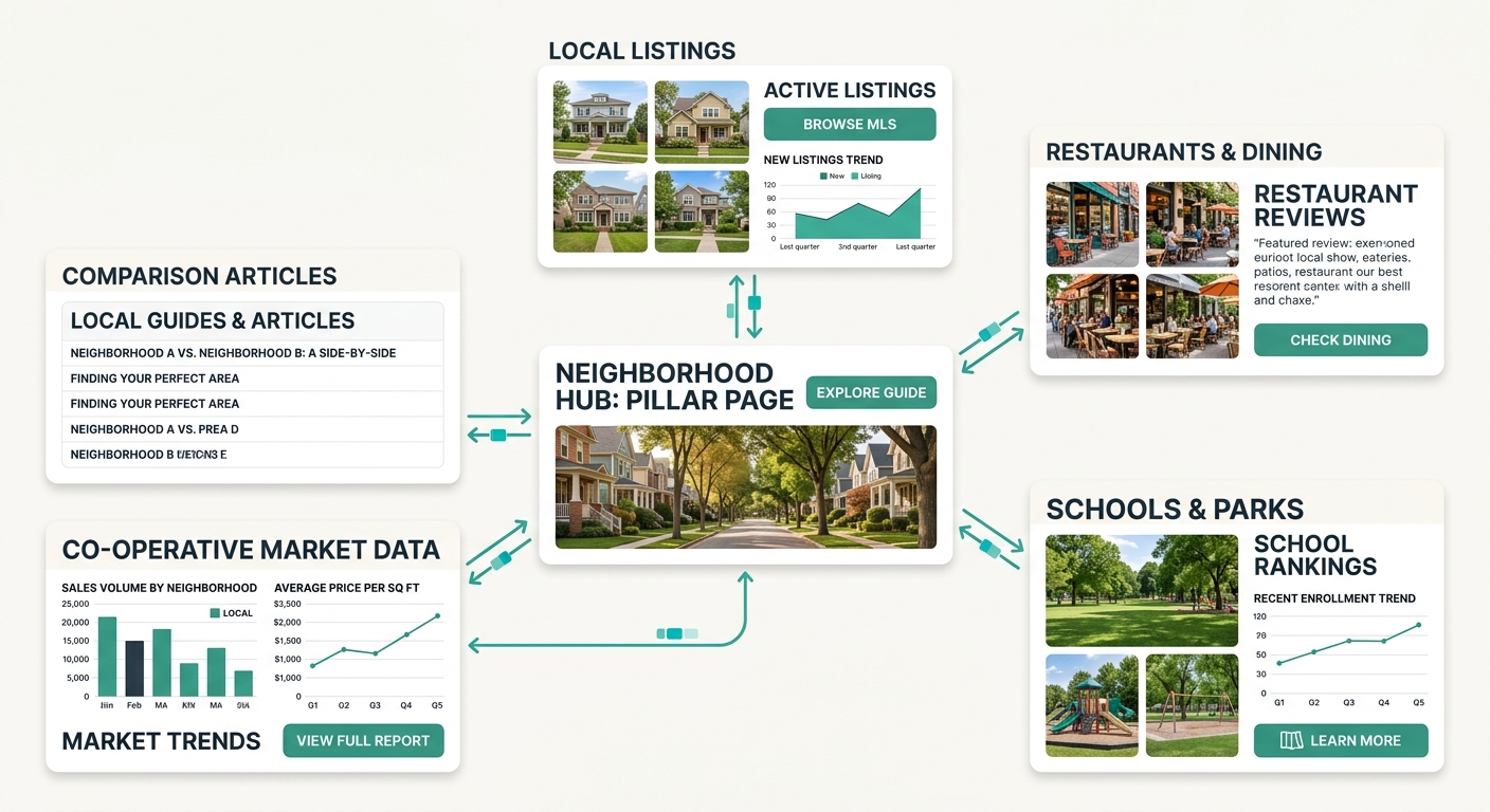 infographic showing a pillar-cluster topology for a neighborhood real estate site, with a central neighborhood guide page connected by bidirectional arrows to surrounding cluster pages for listings, r