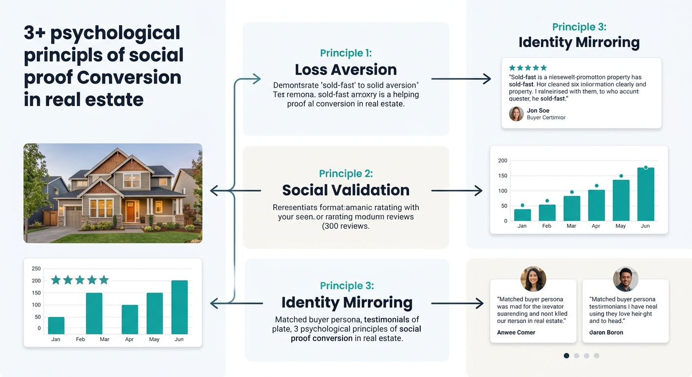 An infographic showing three psychological principles of social proof conversion in real estate — loss aversion with a sold-fast testimonial example, social validation with a star rating and review co
