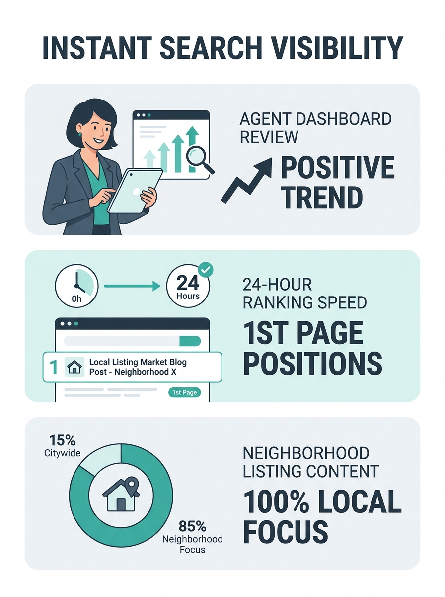 Real estate agent reviewing analytics dashboard showing first-page Google rankings for neighborhood-specific listing blog posts within 24 hours of publication