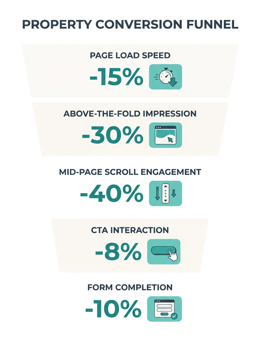 Infographic showing the five gates of a property page conversion funnel - page load speed, above-the-fold impression, mid-page scroll engagement, CTA interaction, and form completion - with percentage