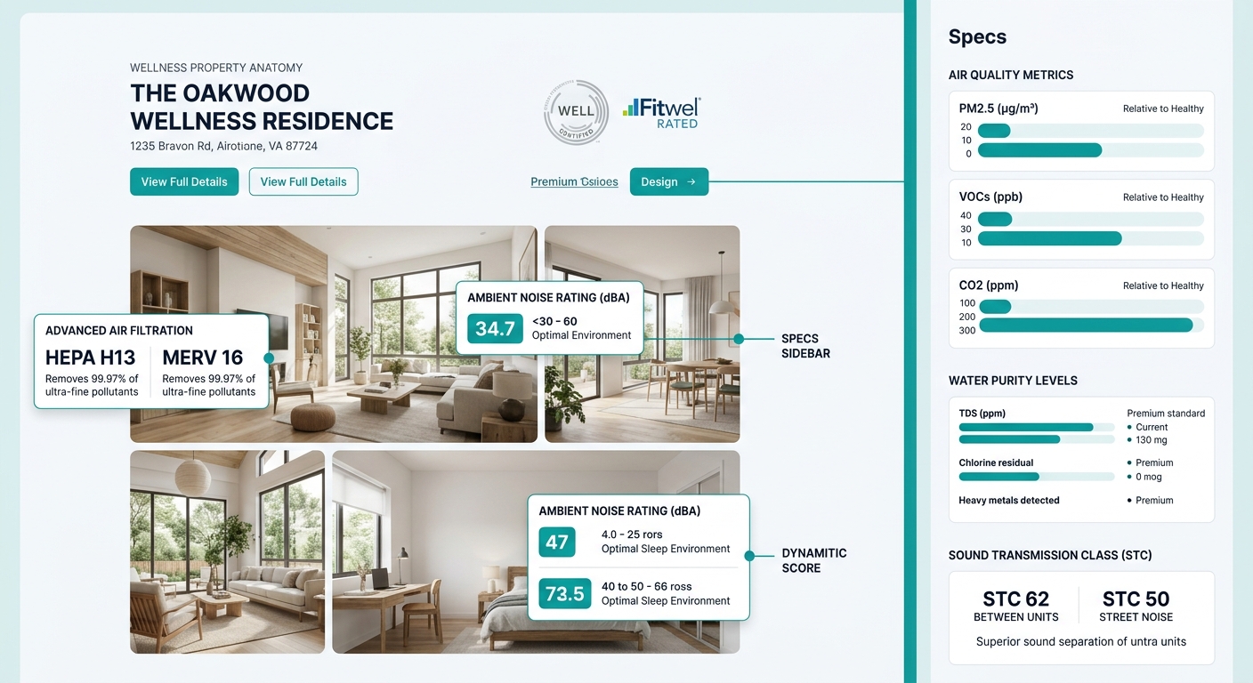 An infographic showing a wellness property listing anatomy with labeled sections: header with certification badges (WELL, Fitwel), body copy with specific filtration ratings and acoustic scores, a spe