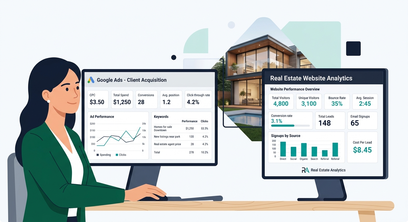a real estate agent at a desk reviewing both a Google Ads dashboard on one monitor and their own website analytics on another, with visible metrics like cost per lead, conversion rate, and email signu