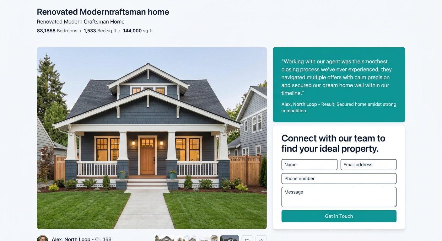 A property listing page layout showing a client testimonial quote positioned directly above a contact form, with the testimonial displayed in a contrasting color block to draw attention, including the