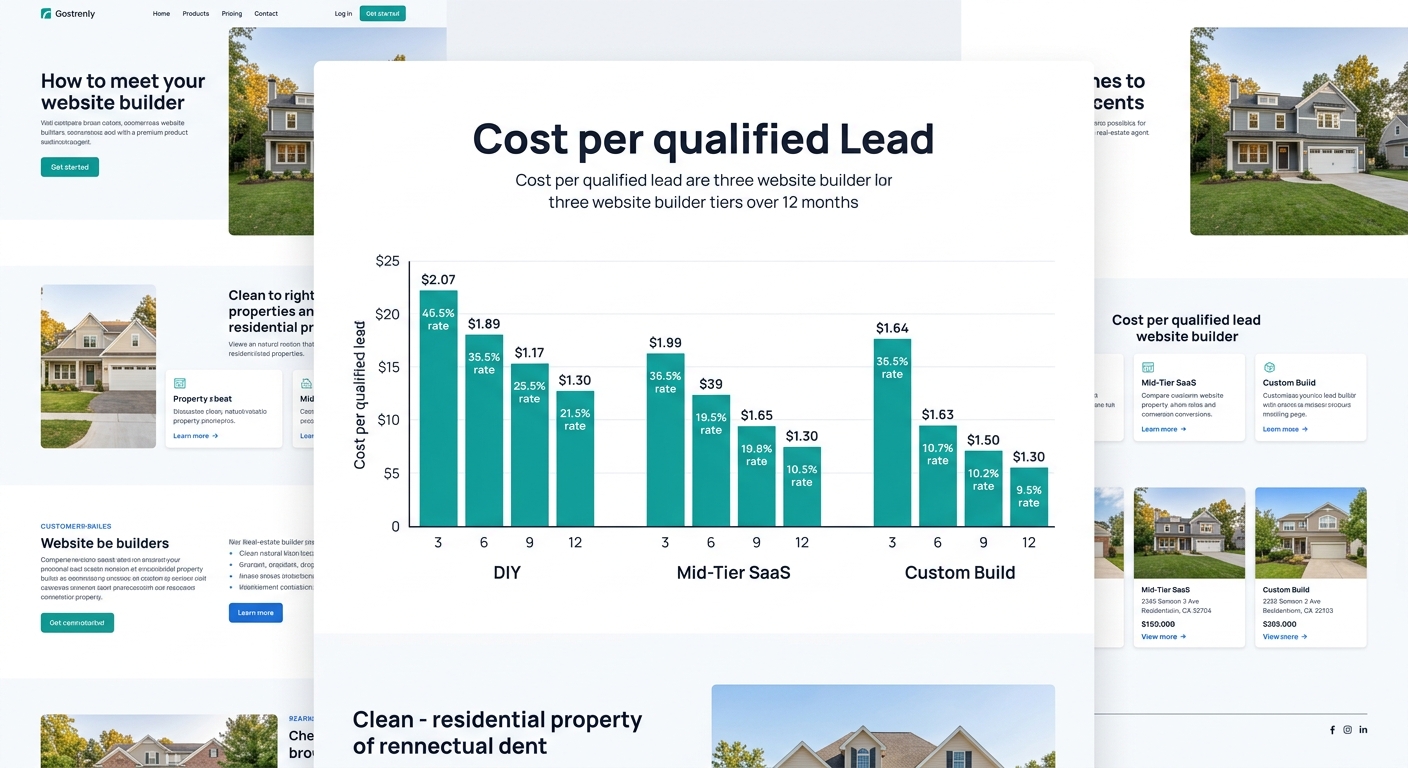 A bar chart comparing cost per qualified lead across three website builder tiers (DIY, Mid-Tier SaaS, Custom Build) over 12 months, with conversion rate percentages overlaid on each bar to show how co