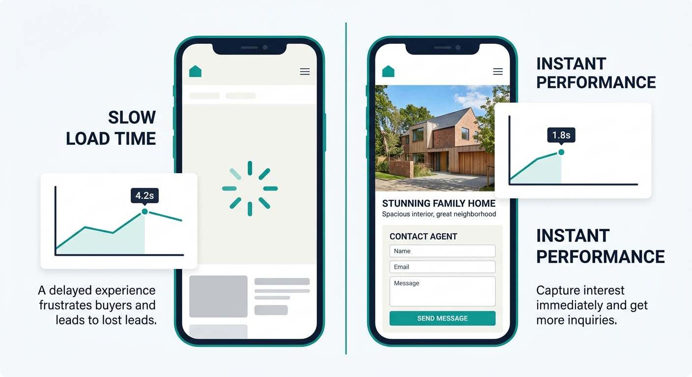 A split-screen illustration comparing two mobile phones loading the same real estate listing page - left phone showing a slow-loading page with a spinning indicator and 4.2s load time, right phone sho